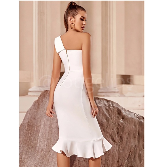 Bandage Asymmetrical Midi Dress White Ruffle Hem One Shoulder - Picture 3 of 16
